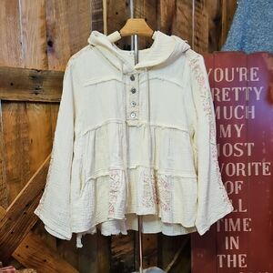 302 POL Cream Hooded Gauze Top with Pink Floral Trim